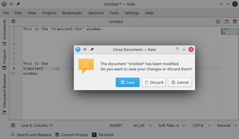 Dialog as a transient window for the Kate window.