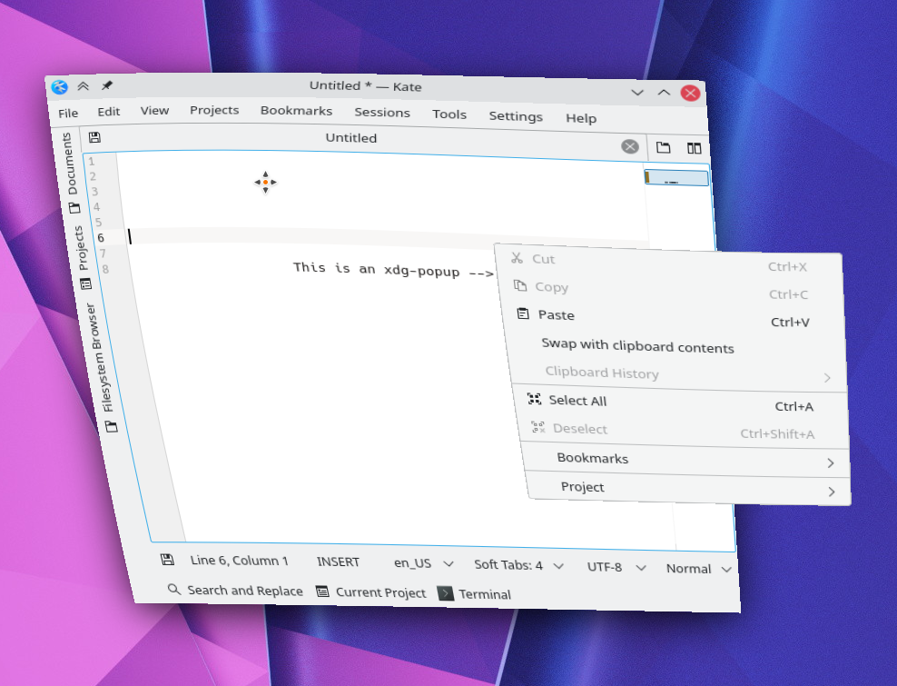 Wayland popups are placed and can be moved by the compositor,
here together with the infamous wobbly windows effect.